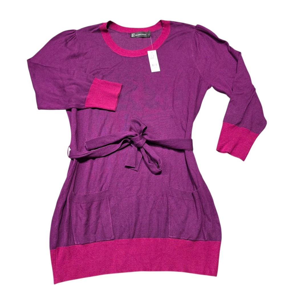 NY&C Belted Tunic Sweater Womens Large Purple Rayon Blend Colorblock‎ NWT